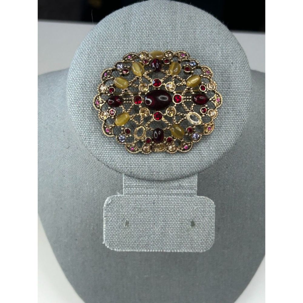 Vintage Monet Brooch Red Yellow Gold Tone
